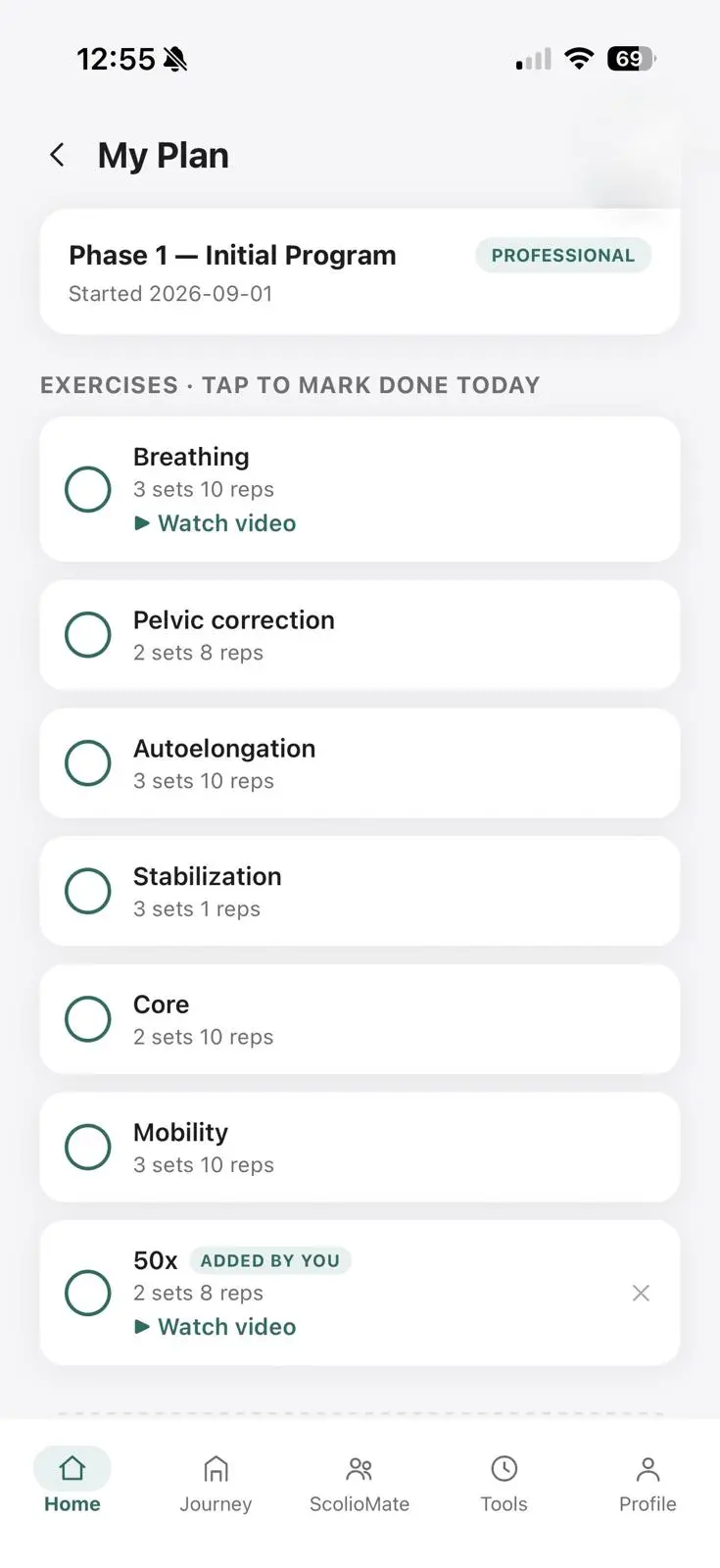 My Plan screen, showing today's exercises with sets and reps