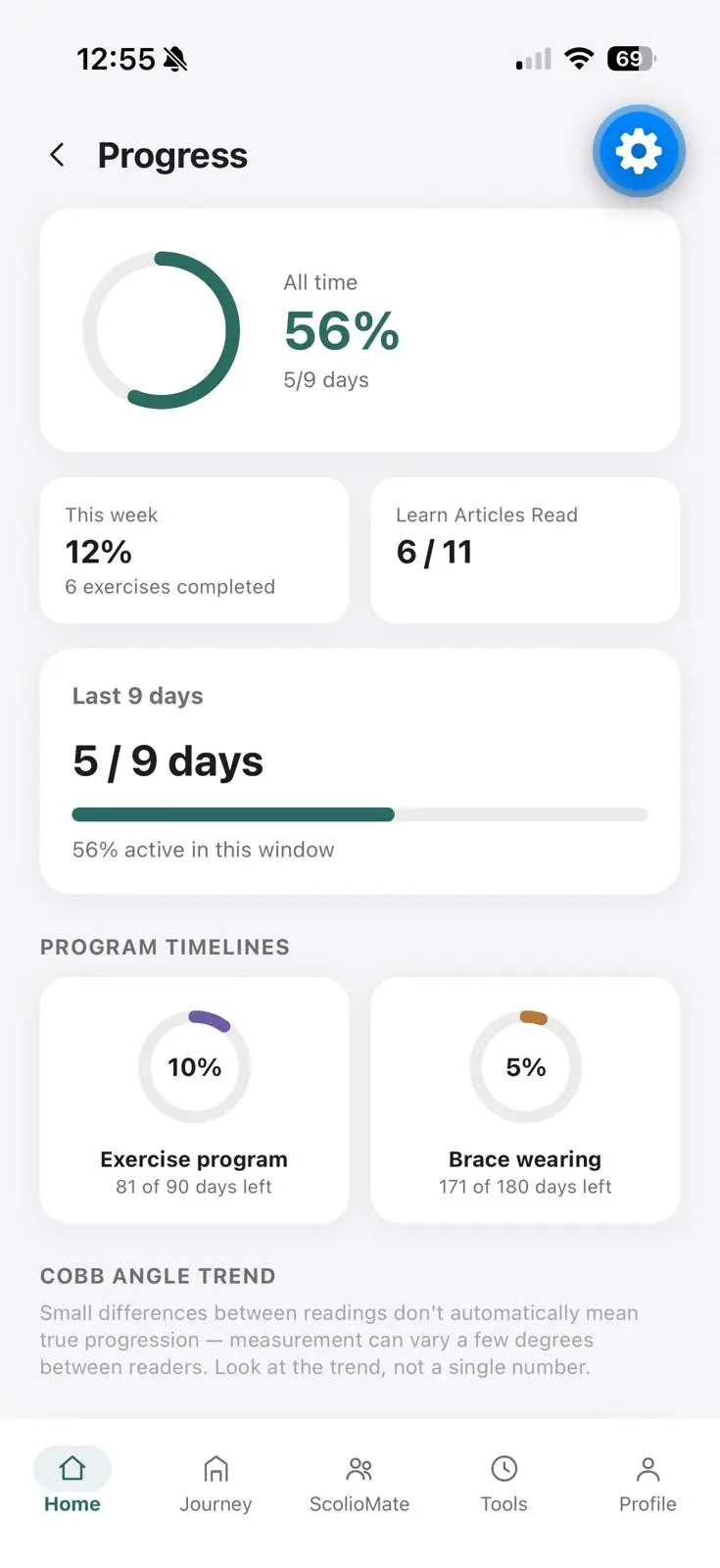Progress screen, showing exercise adherence and program timelines